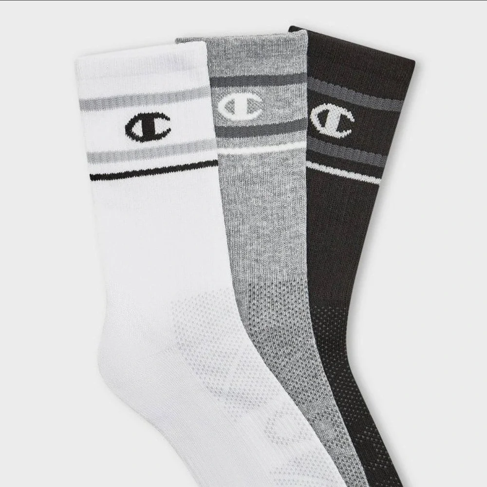 Champion Kids 3 Pair Crew Socks Sport Performance Cushion Small White Grey Black